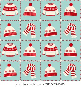 Festive seamless Christmas pattern with red and white sweaters, winter hats and candy canes on a mint green background. Ideal for fabric, wrapping paper and holiday designs.