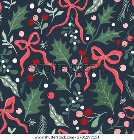 Festive seamless Christmas pattern with red bows, green holly leaves, red and white berries, and snowflakes on a dark blue background. Perfect for holiday wrapping paper, fabric design, wallpaper