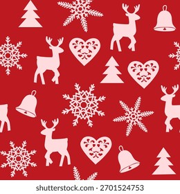 Festive seamless Christmas pattern with white reindeer, snowflakes, bells, trees and decorative hearts on red background. Ideal for wrapping paper, textiles, holiday cards, and winter-themed designs