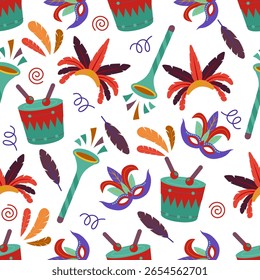 Festive seamless design featuring vibrant carnival masks with feathers and confetti. Ideal for celebration invitations, party decor, and festive backgrounds.
