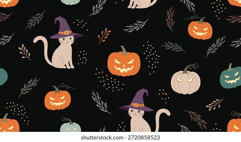Festive seamless Halloween pattern featuring witch cats, orange and white pumpkins, and autumn botanical elements on a dark background.