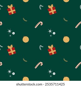 A festive seamless holiday pattern with a deep green background, featuring traditional Christmas symbols such as red gift boxes tied with golden ribbons, candy canes, golden baubles, and delicate snow