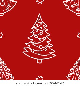 Festive seamless holiday pattern featuring hand sketched Christmas trees, ornaments and stars in white on a red backdrop