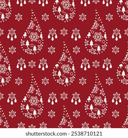 Festive seamless holiday pattern highlighting cozy Christmas decor, including trees, snowflakes, perfect for cards, wallpapers, and cheerful seasonal decoration themes