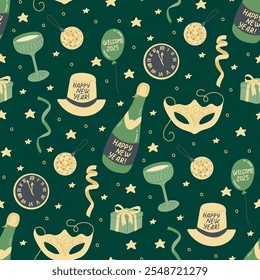 Festliches, nahtloses Neujahrsmuster mit Partyelementen wie Champagner, Masken, Hüten, Ballons, Uhren, Sternen und Konfetti, das die Ankunft des Jahres 2025 feiert. Handgezeichnete Vektorgrafik