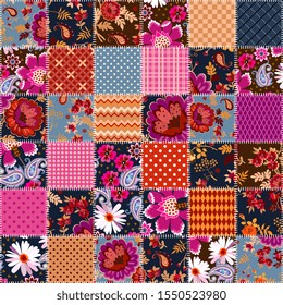 Festive seamless patchwork pattern with flowers and geometric ornaments. Quilting design. Blanket, pillowcase, wrapping design, square carpet.