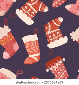 Festive Seamless Pattern Adorned With Charming Christmas Socks In Various Designs And Colors, Creating A Cozy And Joyful Holiday Atmosphere. Cartoon Vector Tile Background with Funny Xmas Socks