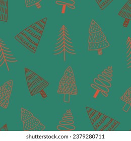 Festive Seamless Pattern Adorned With Charming Doodle Christmas Trees on Green Background. Wrapping Paper or Textile Spreading Holiday Whimsical Cheer and Playful Design. Cartoon Vector Illustration