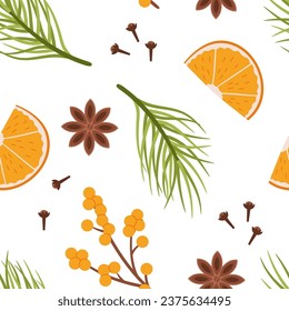Festive Seamless Pattern Adorned With Christmas Plants, Pine Branches, Berries, Star Anise, Carnation Seeds And Orange Slices, Intertwined Ornament, Holiday Design. Cartoon Vector Tile Background