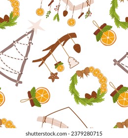 Festive Seamless Pattern Adorned With Christmas Hanging Decor. Tile Ornament with Mistletoe, Fir Branches, Wreaths and Pine Trees. Holiday Cheerful Repeated Noel Design. Cartoon Vector Illustration