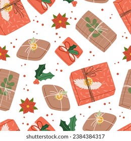 Festive Seamless Pattern Adorned With Colorful Christmas Gifts, Capturing The Holiday Spirit. Ideal For Adding Cheer To Your Holiday Decor And Wrapping Paper Designs. Cartoon Vector Illustration