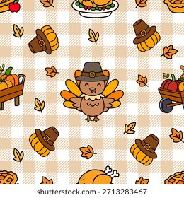 Patrón sin fisuras festivo con hojas de otoño, calabazas, pavo y pasteles sobre fondo blanco. Perfecto para el papel de regalo de Acción de Gracias, tela y diseño de temporada.
