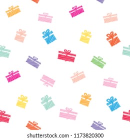 Festive seamless pattern background with colorful present boxes. Vector