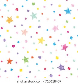 Festive seamless pattern background. Colorful polka dots and stars isolated on white.