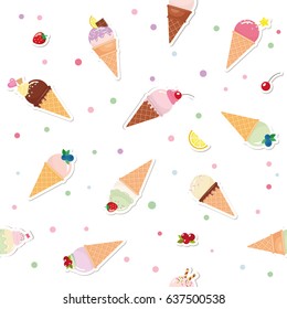 Festive seamless pattern background with paper cutout ice cream cones, fruits and polka dots. For print and web.