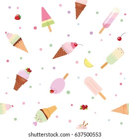 Festive seamless pattern background with paper cutout ice cream cones, fruits and polka dots. For birthday, scrapbook, kids clothes.
