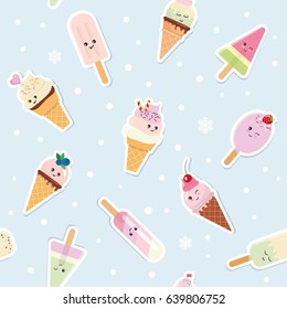 Festive seamless pattern background with paper cutout ice cream cones, fruits and polka dots. For print and web.