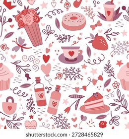 Patrón inconsútil festivo con productos horneados, plantas, ramo, cerradura, tulipán, arco, corona, baya, guirnalda, corazón. Fondo con cupcakes, pastel, donas. Regalo de San Valentín. Patrón vestido festivamente para textiles y papel de regalo. Sentimiento festivo rosa y violeta. Patrón en forma de corazón para los seres queridos, como cumpleaños, día de San Valentín y niñas dulces. Fondo festivo para el diseño y la decoración de la cafetería. Fiesta de té en Festiva. Relaciones románticas.