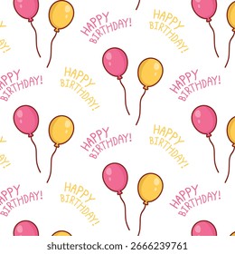 Festive seamless pattern with balloons and happy birthday inscription. Birthday wrapping paper
