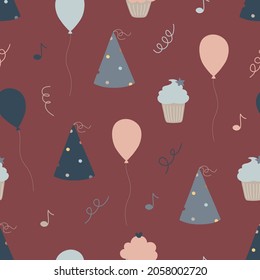 Festive seamless pattern. Balloons, paper cap, cake, cupcake, confetti. Vector illustration on a red background