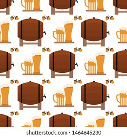 Festive seamless pattern with barrel, beer, mug, glass, acorns. Beer party background. Munich Beer Festival Oktoberfest. Design for wrapping, fabric, print.