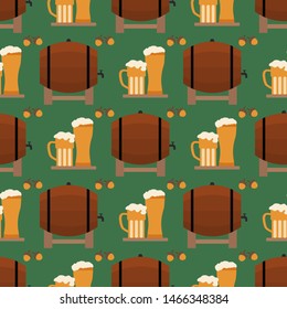 Festive seamless pattern with barrel, beer, mug, glass, acorns. Beer party background. Munich Beer Festival Oktoberfest. Design for wrapping, fabric, print.