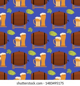Festive seamless pattern with barrel, beer, mug, glass, hop cone, leaves. Beer party background. Munich Beer Festival Oktoberfest. Design for wrapping, fabric, print.