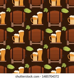 Festive seamless pattern with barrel, beer, mug, glass, hop cone, leaves. Beer party background. Munich Beer Festival Oktoberfest. Design for wrapping, fabric, print.