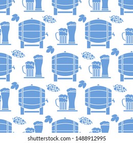 Festive seamless pattern with barrel, beer, mug, glass, hop cone, leaves. Beer party background. Munich Beer Festival Oktoberfest. Design for wrapping, fabric, print.