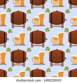 Festive seamless pattern with barrel, beer, mug, glass, hop leaves. Beer party background. Munich Beer Festival Oktoberfest. Design for wrapping, fabric, print.