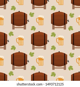 Festive seamless pattern with barrel, beer, mug, hop leaves. Beer party background. Munich Beer Festival Oktoberfest. Design for wrapping, fabric, print.