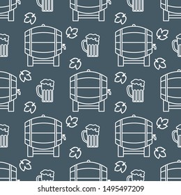 Festive seamless pattern with barrel, beer, mug, hop leaves. Beer party background. Munich Beer Festival Oktoberfest. Design for wrapping, fabric, print.