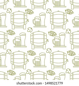 Festive seamless pattern with barrel, beer, mug, glass, hop cone, leaves. Beer party background. Munich Beer Festival Oktoberfest. Design for wrapping, fabric, print.