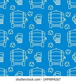 Festive seamless pattern with barrel, beer, mug, hop leaves. Beer party background. Munich Beer Festival Oktoberfest. Design for wrapping, fabric, print.