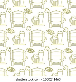Festive seamless pattern with barrel, beer, mug, glass, hop cone, leaves. Beer party background. Munich Beer Festival Oktoberfest. Design for wrapping, fabric, print.