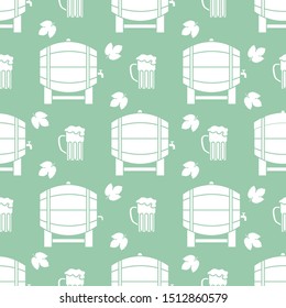 Festive seamless pattern with barrel, beer, mug, hop leaves. Beer party background. Munich Beer Festival Oktoberfest. Design for wrapping, fabric, print.