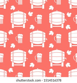 Festive seamless pattern with barrel, beer, mug, hop leaves. Beer party background. Munich Beer Festival Oktoberfest. Design for wrapping, fabric, print.