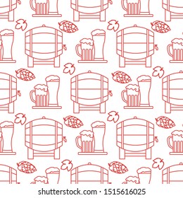 Festive seamless pattern with barrel, beer, mug, glass, hop cone, leaves. Beer party background. Munich Beer Festival Oktoberfest. Design for wrapping, fabric, print.