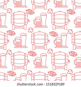 Festive seamless pattern with barrel, beer, mug, glass, hop cone, leaves. Beer party background. Munich Beer Festival Oktoberfest. Design for wrapping, fabric, print.