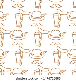 Festive seamless pattern with beer, glass, glass, fork, sausage, hat, mustache. Beer party background. Munich Beer Festival Oktoberfest. Design for wrapping, fabric, print.