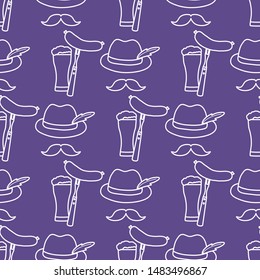Festive seamless pattern with beer, glass, glass, fork, sausage, hat, mustache. Beer party background. Munich Beer Festival Oktoberfest. Design for wrapping, fabric, print.