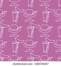 Festive seamless pattern with beer, glass, glass, fork, sausage, hat, mustache. Beer party background. Munich Beer Festival Oktoberfest. Design for wrapping, fabric, print.