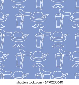 Festive seamless pattern with beer, glass, glass, fork, sausage, hat, mustache. Beer party background. Munich Beer Festival Oktoberfest. Design for wrapping, fabric, print.