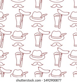 Festive seamless pattern with beer, glass, glass, fork, sausage, hat, mustache. Beer party background. Munich Beer Festival Oktoberfest. Design for wrapping, fabric, print.