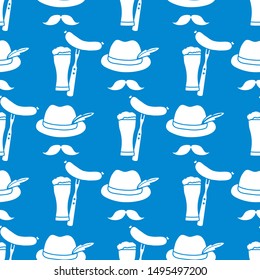 Festive seamless pattern with beer, glass, glass, fork, sausage, hat, mustache. Beer party background. Munich Beer Festival Oktoberfest. Design for wrapping, fabric, print.