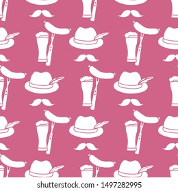 Festive seamless pattern with beer, glass, glass, fork, sausage, hat, mustache. Beer party background. Munich Beer Festival Oktoberfest. Design for wrapping, fabric, print.
