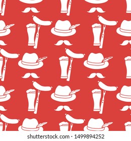 Festive seamless pattern with beer, glass, glass, fork, sausage, hat, mustache. Beer party background. Munich Beer Festival Oktoberfest. Design for wrapping, fabric, print.