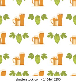 Festive seamless pattern with beer, mug, glass, hop cone, leaves. Beer party background. Munich Beer Festival Oktoberfest. Design for wrapping, fabric, print.