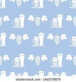 Festive seamless pattern with beer, mug, glass, hop cone, leaves. Beer party background. Munich Beer Festival Oktoberfest. Design for wrapping, fabric, print.