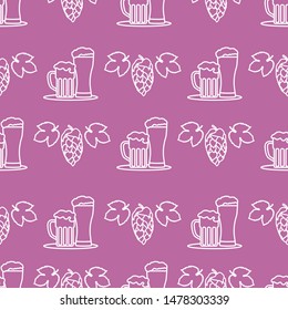 Festive seamless pattern with beer, mug, glass, hop cone, leaves. Beer party background. Munich Beer Festival Oktoberfest. Design for wrapping, fabric, print.